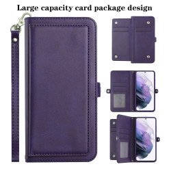 Premium PU Leather Folio Wallet Front Cover Case with Card Holder Slots and Wrist Strap for Samsung Galaxy A12 (Purple)